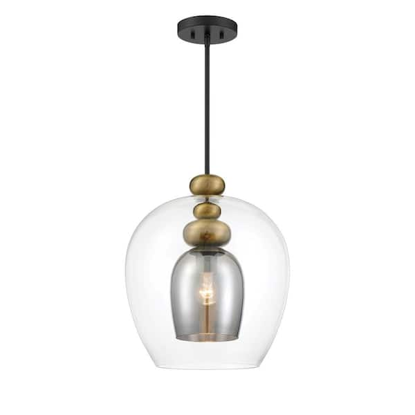 Amesbury 100-Watt 1-Light Black and Aged Brass Shaded Pendant Light with Smoked Glass Shade and No Bulbs Included