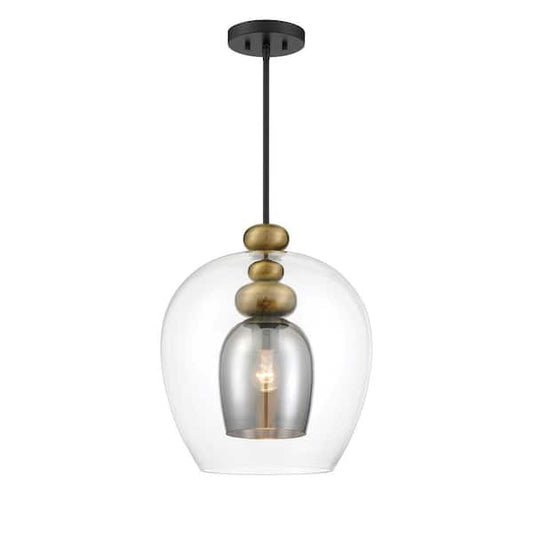 Amesbury 100-Watt 1-Light Black and Aged Brass Shaded Pendant Light with Smoked Glass Shade and No Bulbs Included