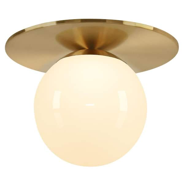 Amma 12 in. 1-Light Brushed Brass and White Flush Mount with Glass Shade