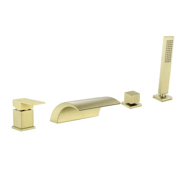 Ami Single Handle Deck-Mount Roman Tub Faucet with Handshower and Waterfall Spout in Brushed Gold