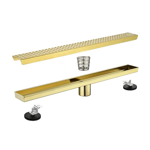 Ami 24 in. Linear Shower Drain With Grid Design Square Pattern Drain Cover In Brushed Gold