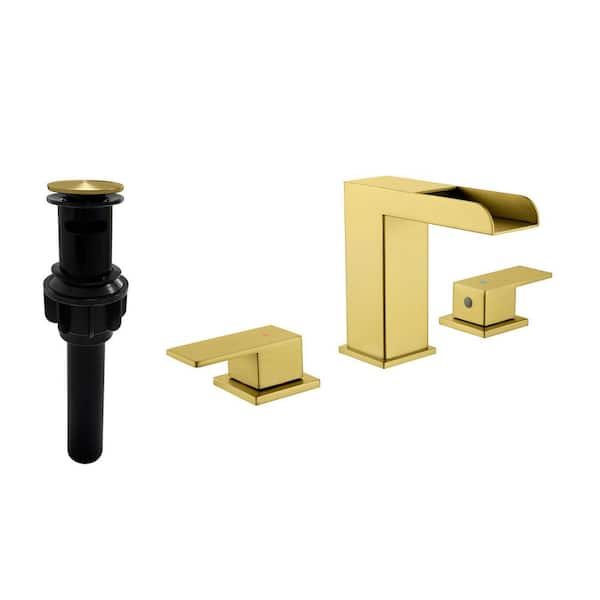 Ana 8 in. Widespread Double Handle Bathroom Faucet with Drain Kit Included in Brush Gold