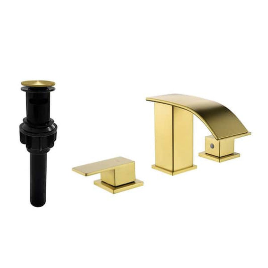 Ana 8 in. Widespread Double Handle Bathroom Faucet with Drain Kit Included in Brush Gold