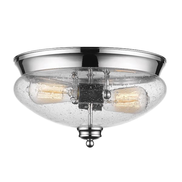 Amon 13 in. 2-Light Chrome Flush Mount Light with Clear Seedy Glass Shade with No Bulbs Included