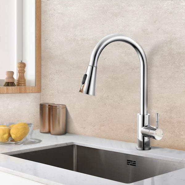 Amuring Single Handle Pull Out Sprayer Kitchen Faucet in Chrome