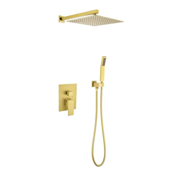 Amigs 2-Spray Patterns with 2 GPM 11.8 in. Wall Mount Rainfall Dual Shower Head with Slide Bar and Hand-Shower in Gold