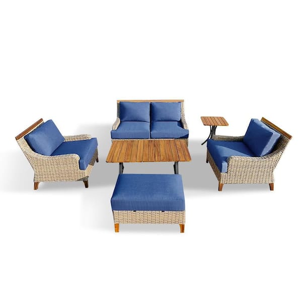 Amigo 6-Piece Wicker Patio Conversation Sofa and Club Chair Deep Seating Set with Acrylic Spectrum Indigo Cushions