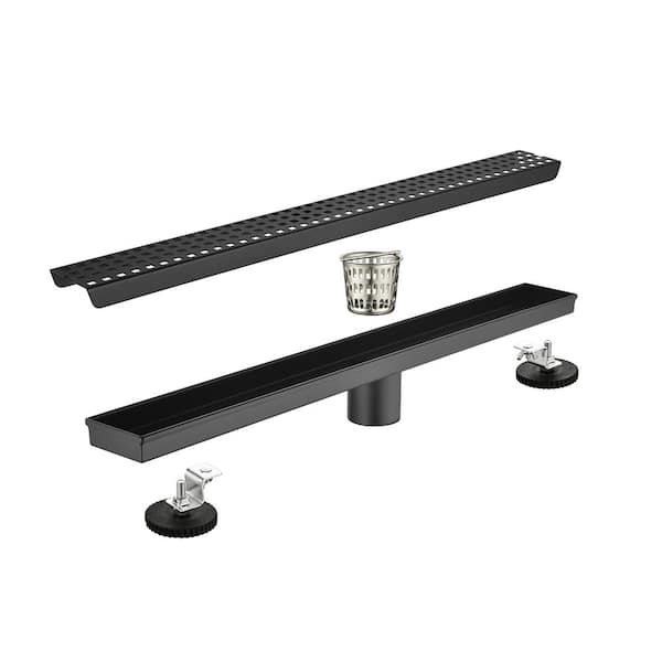 Ami 24 in. Linear Shower Drain With Grid Design Square Pattern Drain Cover In Matte Black