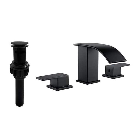 Ana 8 in. Widespread Double Handle Bathroom Faucet with Drain Kit Included in Matte Black