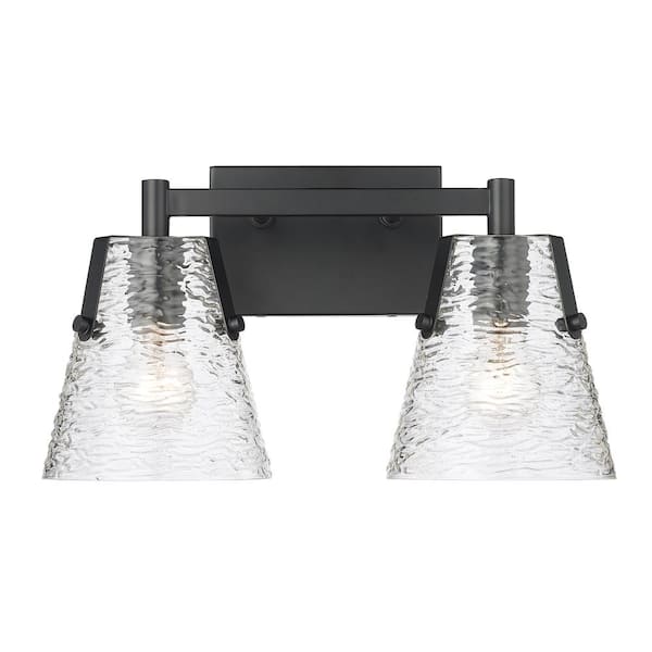 Analia 16.5 in. 2 Light Matte Black Vanity Light with Clear Ribbed Glass Shade with No Bulbs Included