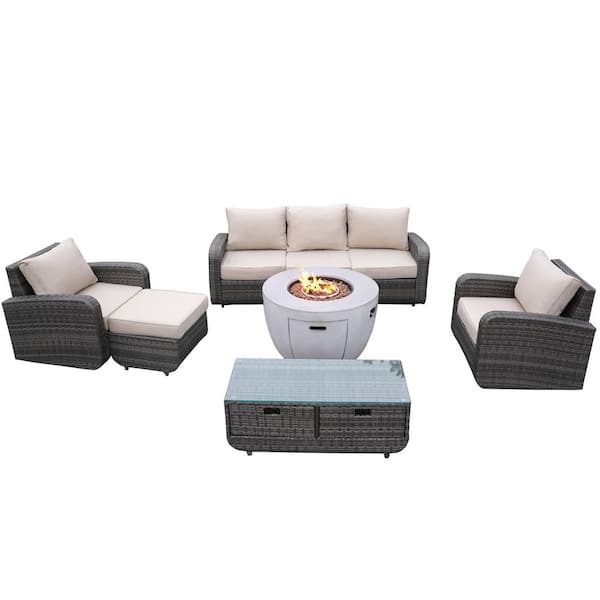 Amy Gray 6-Piece Wicker Patio Fire Pit Conversation Sofa Set with Beige Cushions