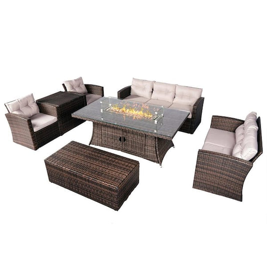 Amy 7-Piece Wicker Patio Fire Pit Conversation Sofa Set with Beige Cushions