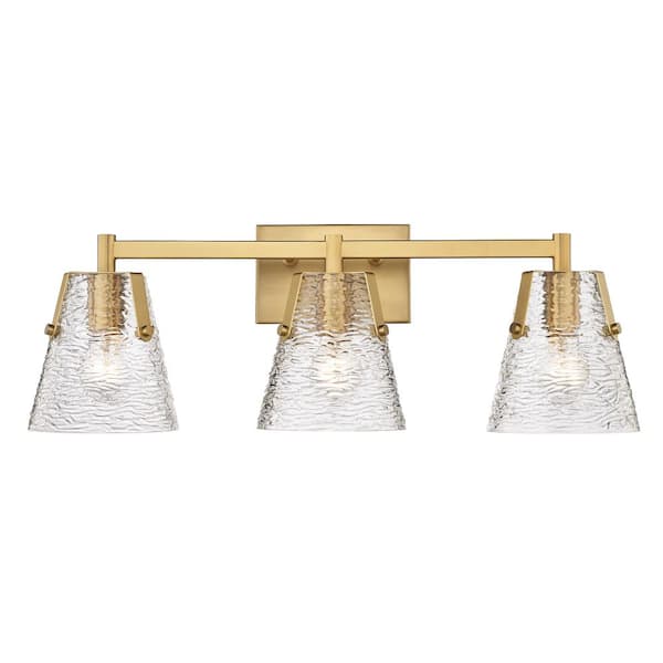 Analia 26.25 in. 3 Light Modern Gold Vanity Light with Clear Ribbed Glass Shade with No Bulbs Included