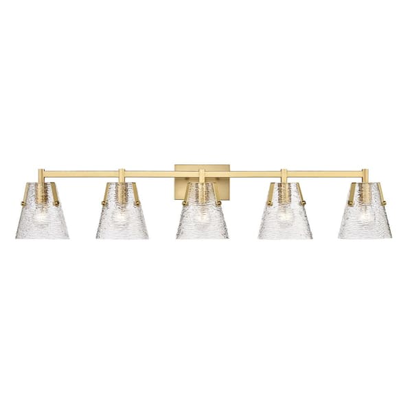 Analia 45.75 in. 5 Light Modern Gold Vanity Light with Clear Ribbed Glass Shade with No Bulbs Included