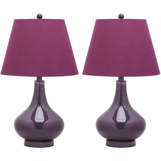 Amy 24 in. Dark Purple Gourd Glass Table Lamp with Purple Shade (Set of 2)