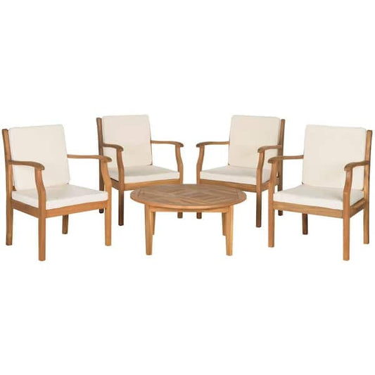 Anaheim Teak Brown 5-Piece Wood Patio Conversation Set with Beige Cushions