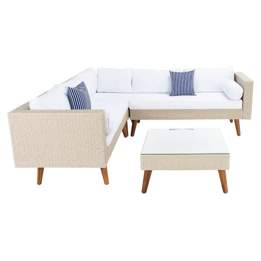 Analon Beige 3-Piece Wicker Patio Conversation Set with White Cushions