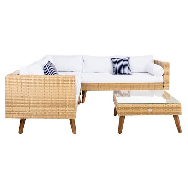 Analon Natural 3-Piece Wicker Patio Conversation Set with White Cushions