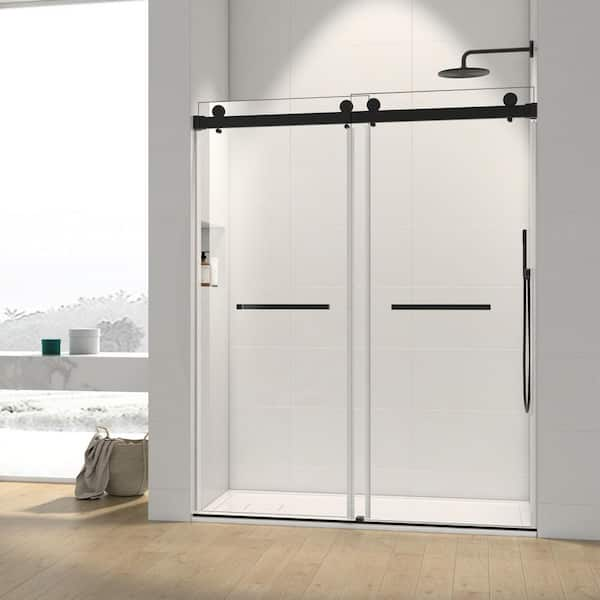 Amuring 60 in. W x 76 in. H Double Sliding Frameless Shower Door/Enclosure in Matte Black Finish with Clear Glass