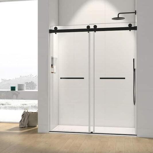 Amuring 60 in. W x 76 in. H Double Sliding Frameless Shower Door/Enclosure in Matte Black Finish with Clear Glass