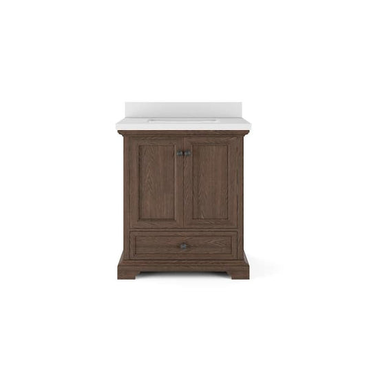 Amherst 30 in. W x 20 in. D x 34.5 in. H Bath Vanity in Dark Oak with Quartz Stone Vanity Top in White with White Basin