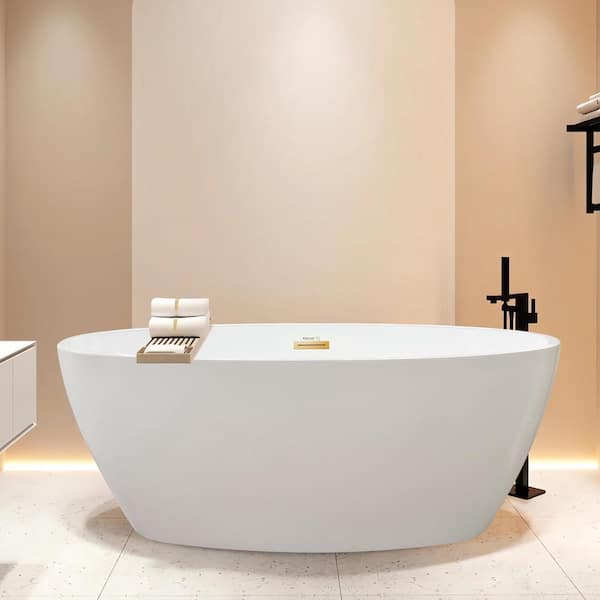 Amiens 69 in. x 40 in. Acrylic Flatbottom Freestanding Soaking Bathtub with Center Drain in White/Titanium Gold