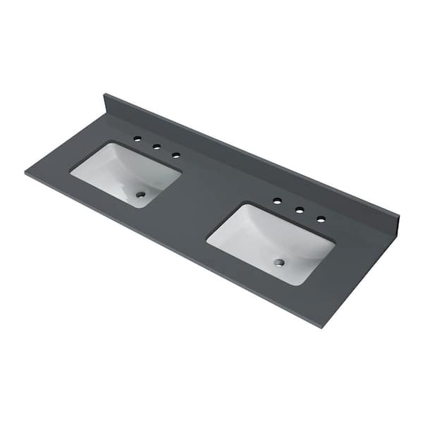 Amore 61 in. W x 22 in. D Engineered Stone Composite Vanity Top in Dark Gray with White Rectangular Double Sink