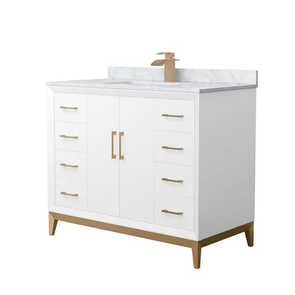 Amici 42 in. W x 22 in. D x 35.25 in. H Single Bath Vanity in White with Satin Bronze Trim with White Carrara Marble Top