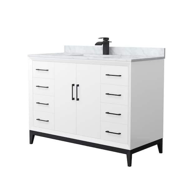 Amici 48 in. W x 22 in. D x 35.25 in. H Single Bath Vanity in White with Matte Black Trim with White Carrara Marble Top