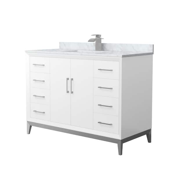 Amici 48 in. W x 22 in. D x 35.25 in. H Single Bath Vanity in White w/Brushed Nickel Trim with White Carrara Marble Top