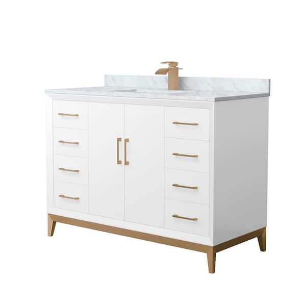 Amici 48 in. W x 22 in. D x 35.25 in. H Single Bath Vanity in White with Satin Bronze Trim with White Carrara Marble Top