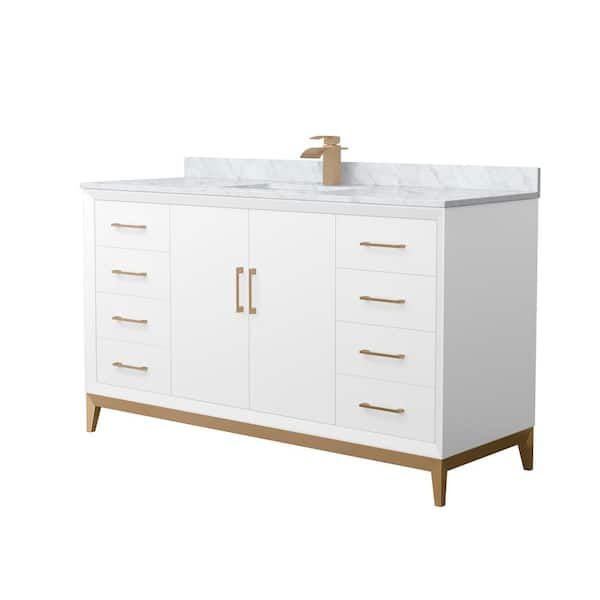 Amici 60 in. W x 22 in. D x 35.25 in. H Single Bath Vanity in White with Satin Bronze Trim with White Carrara Marble Top