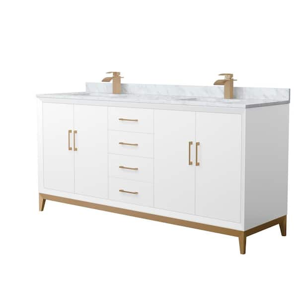 Amici 72 in. W x 22 in. D x 35.25 in. H Double Bath Vanity in White with Satin Bronze Trim with White Carrara Marble Top